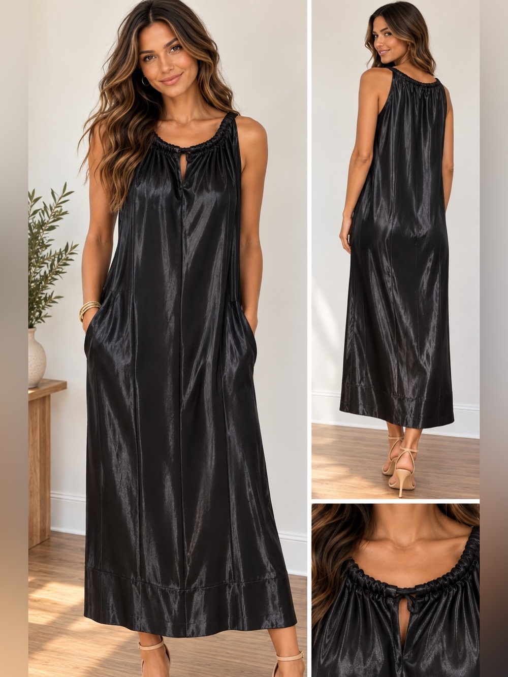 Heyson NWT Black Shiny Satin Maxi Dress Size L Sleeveless Pocket Dress